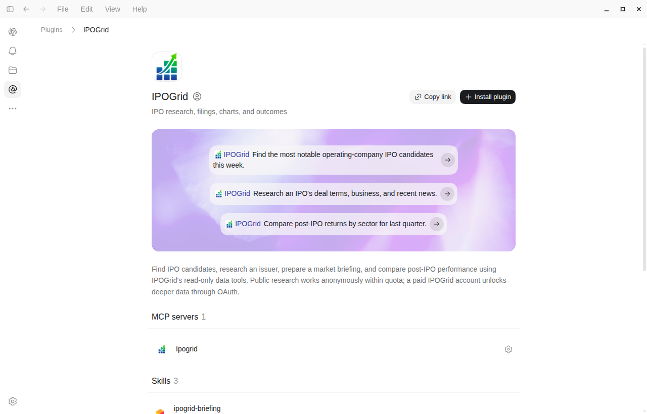 The IPOGrid plugin detail page in ChatGPT desktop, showing research prompts and the bundled MCP server